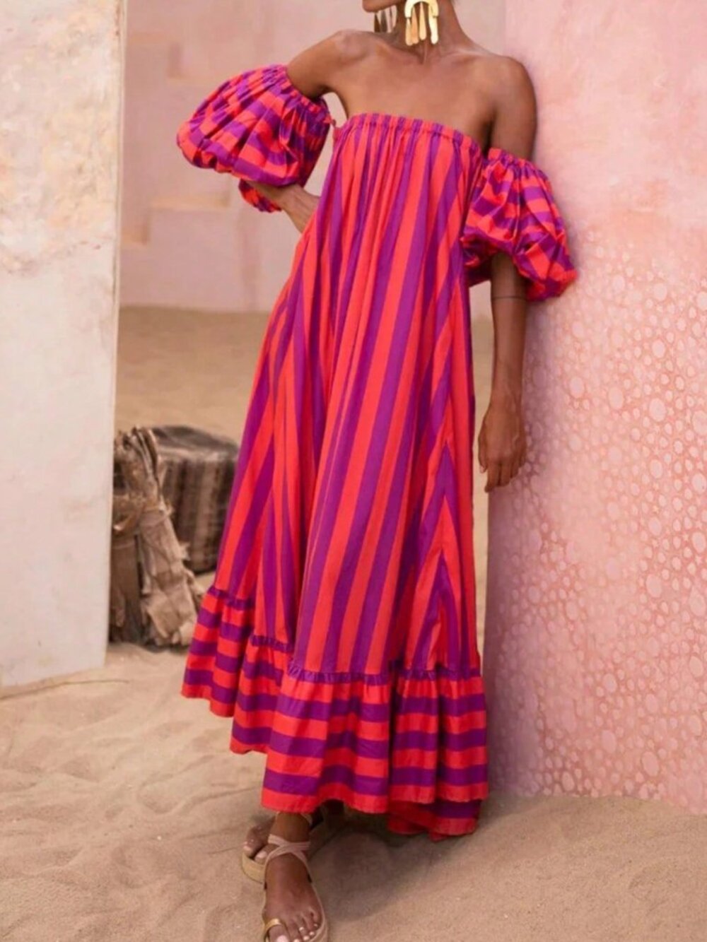 Red Casual Women's Flared Long Off-Shoulder Petal Sleeve Dress